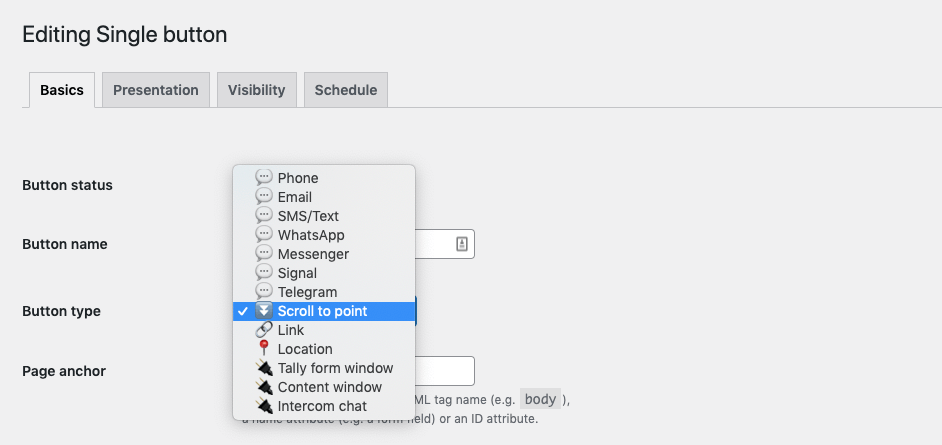 Select the Scroll to Point action from the Button type pull down menu.
